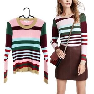 Parker Ribbed Knit Long Sleeve Striped Metallic Sweater Top Red Pink Green - S